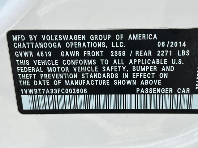 Photo 9 VIN: 1VWBT7A33FC002606 - VOLKSWAGEN PASSAT 