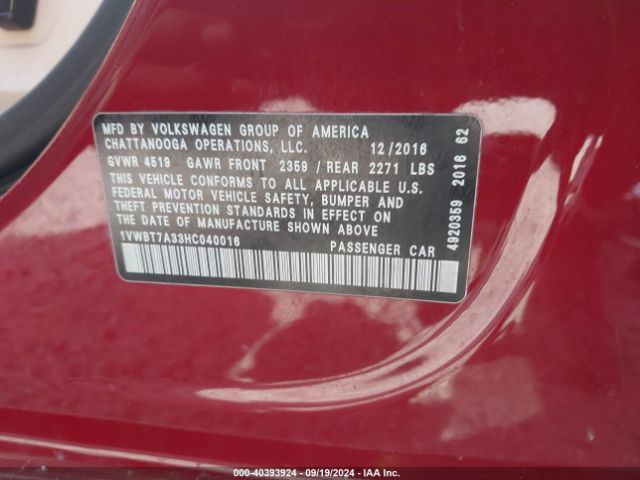 Photo 8 VIN: 1VWBT7A33HC040016 - VOLKSWAGEN PASSAT 