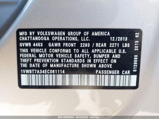 Photo 8 VIN: 1VWBT7A34EC061114 - VOLKSWAGEN PASSAT 