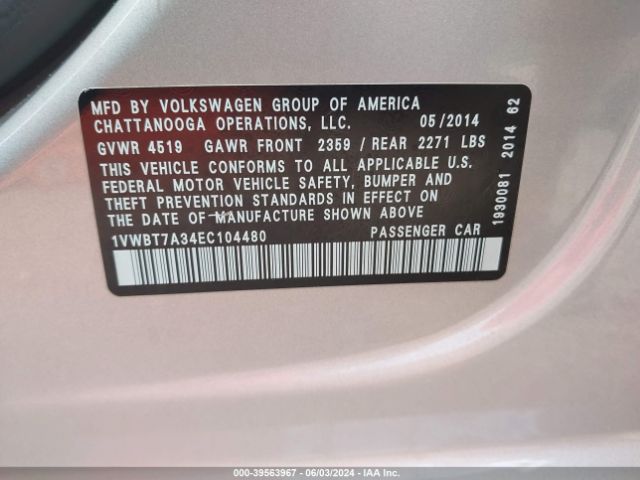 Photo 8 VIN: 1VWBT7A34EC104480 - VOLKSWAGEN PASSAT 