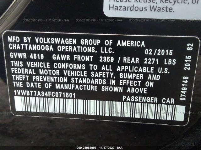 Photo 8 VIN: 1VWBT7A34FC071501 - VOLKSWAGEN PASSAT 