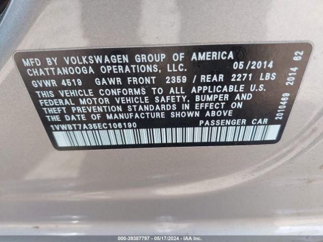 Photo 8 VIN: 1VWBT7A35EC106190 - VOLKSWAGEN PASSAT 