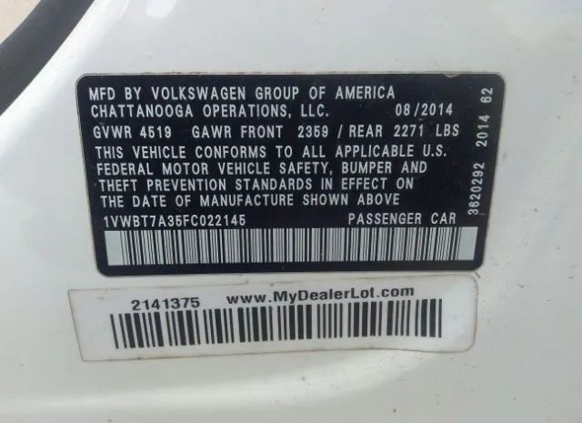 Photo 8 VIN: 1VWBT7A35FC022145 - VOLKSWAGEN PASSAT 