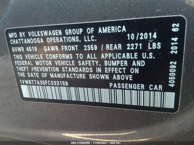 Photo 8 VIN: 1VWBT7A35FC033159 - VOLKSWAGEN PASSAT 