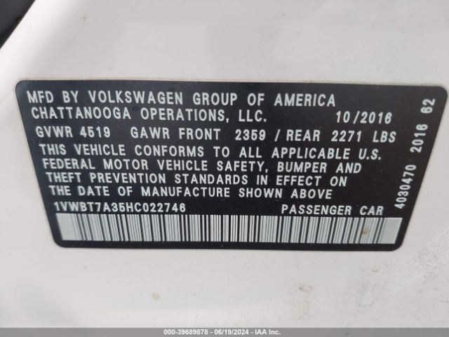 Photo 8 VIN: 1VWBT7A35HC022746 - VOLKSWAGEN PASSAT 