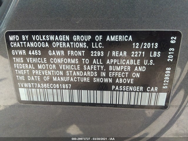 Photo 8 VIN: 1VWBT7A36EC061857 - VOLKSWAGEN PASSAT 