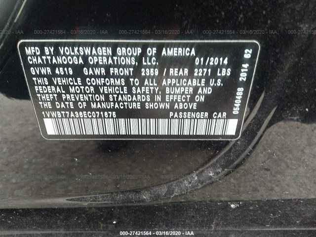 Photo 8 VIN: 1VWBT7A36EC071675 - VOLKSWAGEN PASSAT 