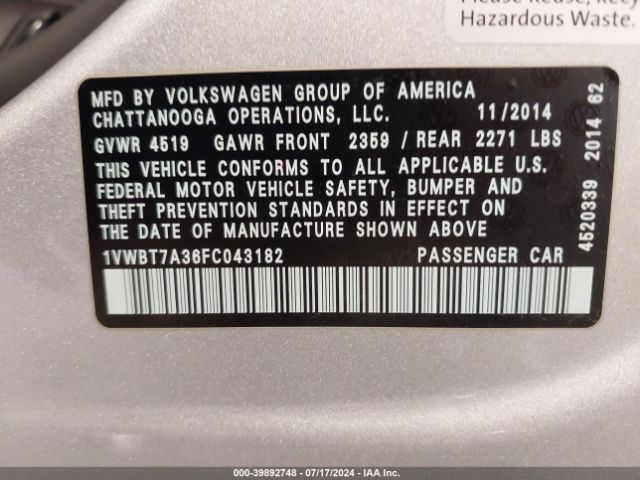 Photo 8 VIN: 1VWBT7A36FC043182 - VOLKSWAGEN PASSAT 