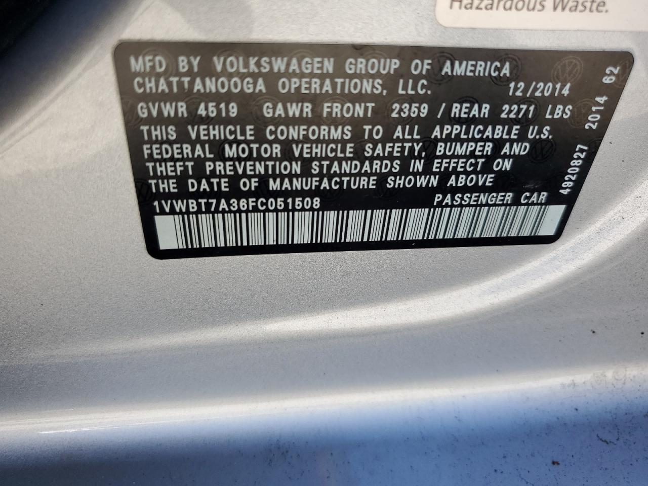 Photo 11 VIN: 1VWBT7A36FC051508 - VOLKSWAGEN PASSAT 