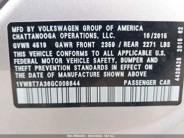 Photo 8 VIN: 1VWBT7A36GC008644 - VOLKSWAGEN PASSAT 