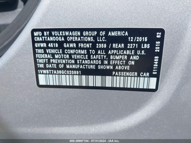 Photo 8 VIN: 1VWBT7A36GC020891 - VOLKSWAGEN PASSAT 