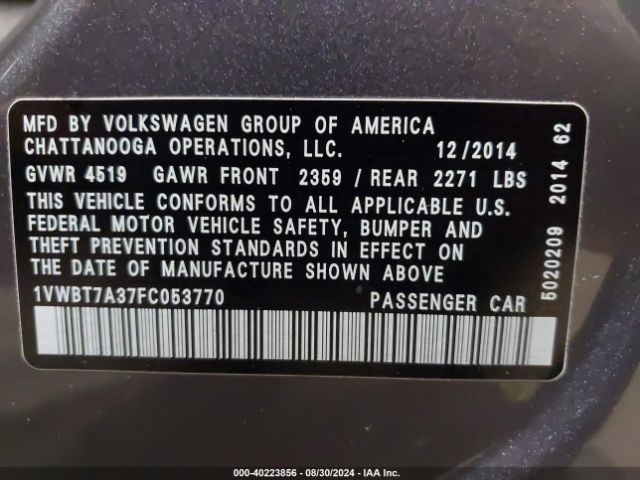 Photo 8 VIN: 1VWBT7A37FC053770 - VOLKSWAGEN PASSAT 