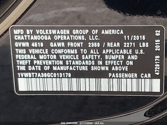 Photo 8 VIN: 1VWBT7A38GC013179 - VOLKSWAGEN PASSAT 