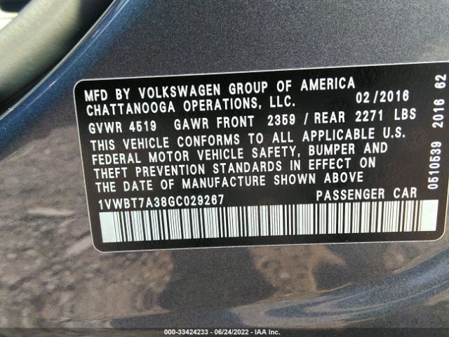 Photo 8 VIN: 1VWBT7A38GC029267 - VOLKSWAGEN PASSAT 