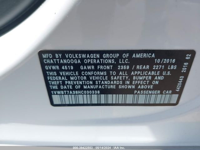 Photo 8 VIN: 1VWBT7A38HC030338 - VOLKSWAGEN PASSAT 