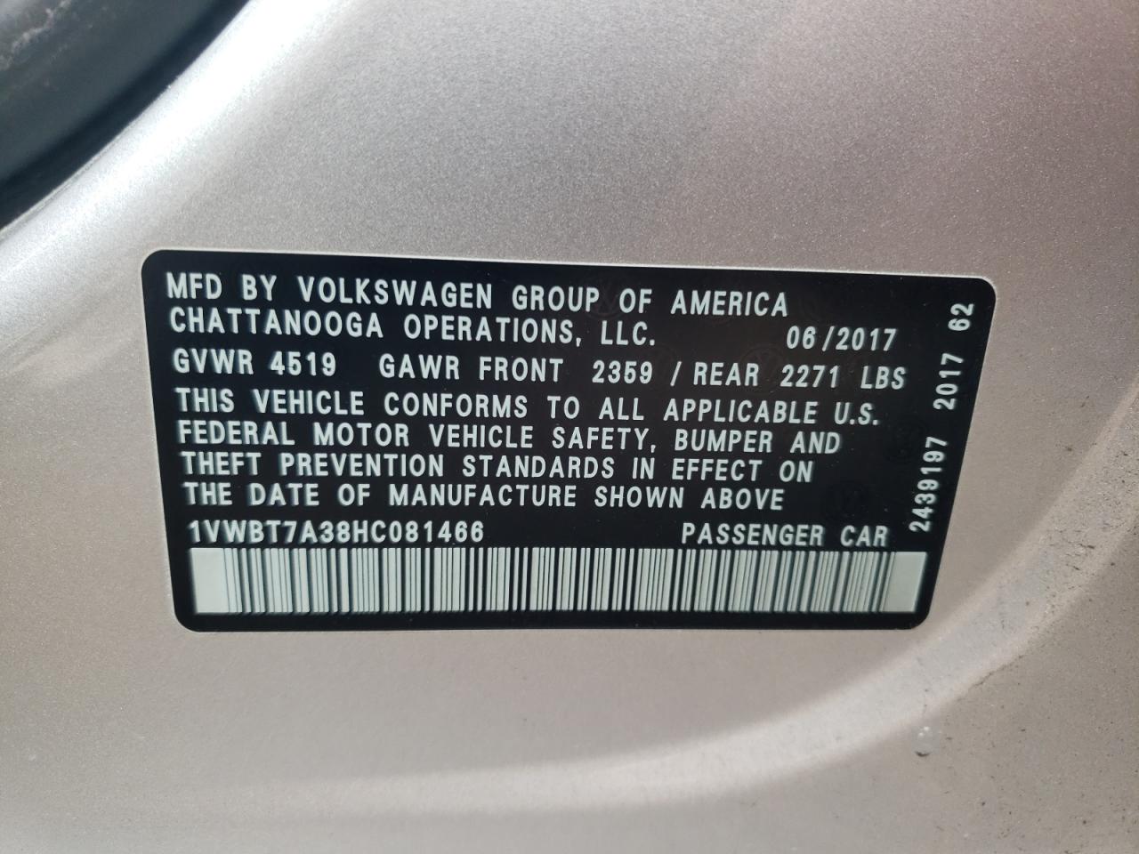 Photo 12 VIN: 1VWBT7A38HC081466 - VOLKSWAGEN PASSAT 