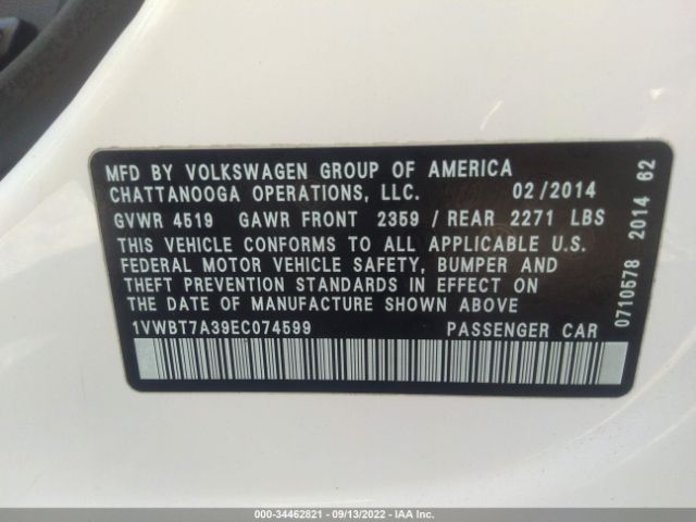 Photo 8 VIN: 1VWBT7A39EC074599 - VOLKSWAGEN PASSAT 