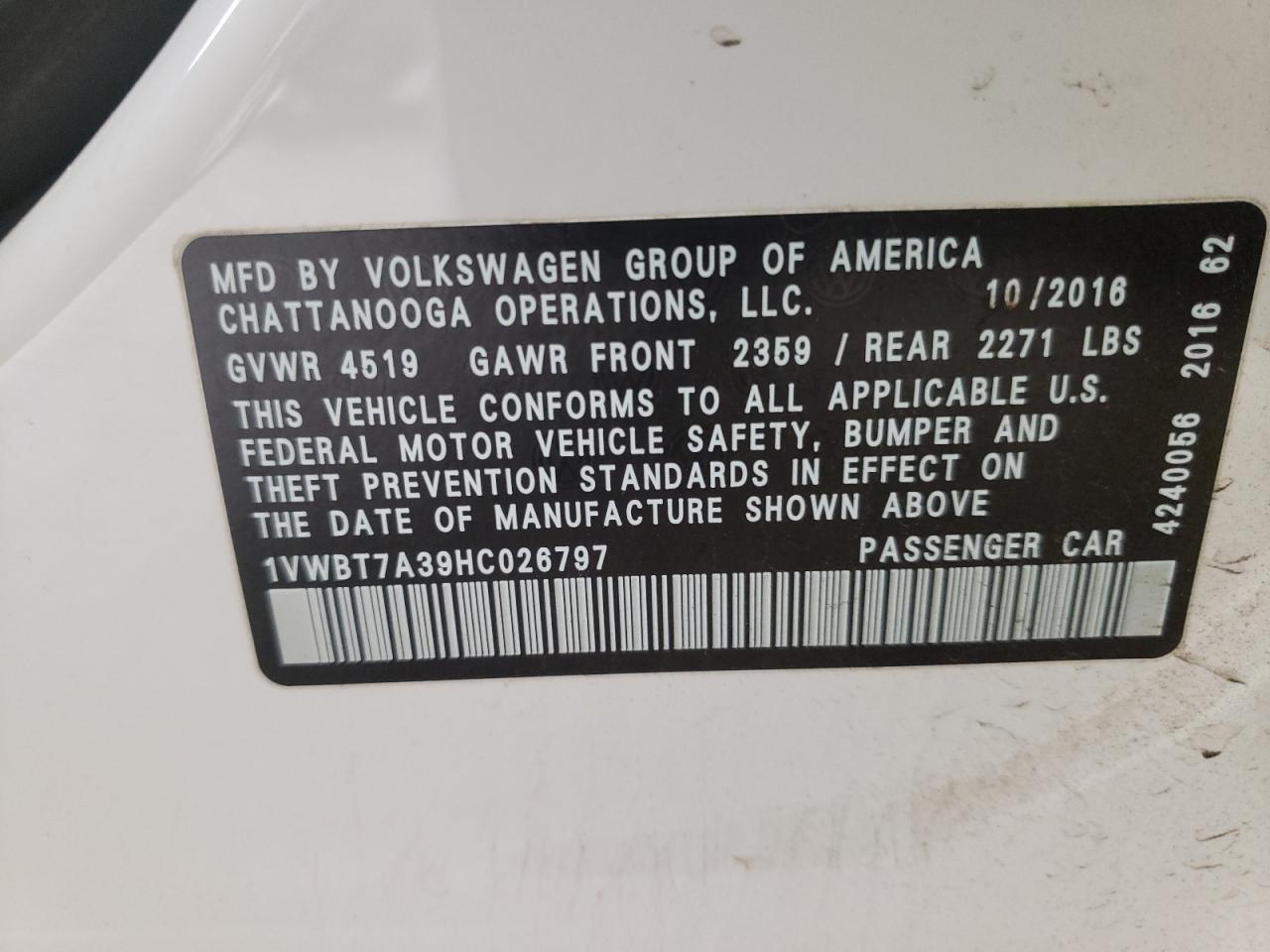 Photo 11 VIN: 1VWBT7A39HC026797 - VOLKSWAGEN PASSAT 