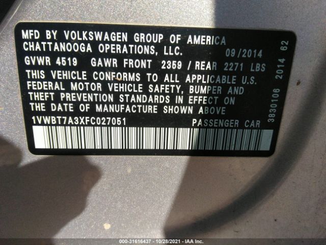 Photo 8 VIN: 1VWBT7A3XFC027051 - VOLKSWAGEN PASSAT 