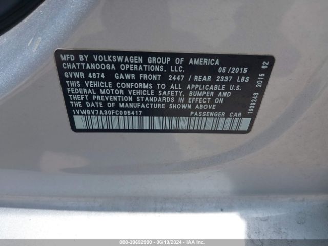 Photo 8 VIN: 1VWBV7A30FC095417 - VOLKSWAGEN PASSAT 