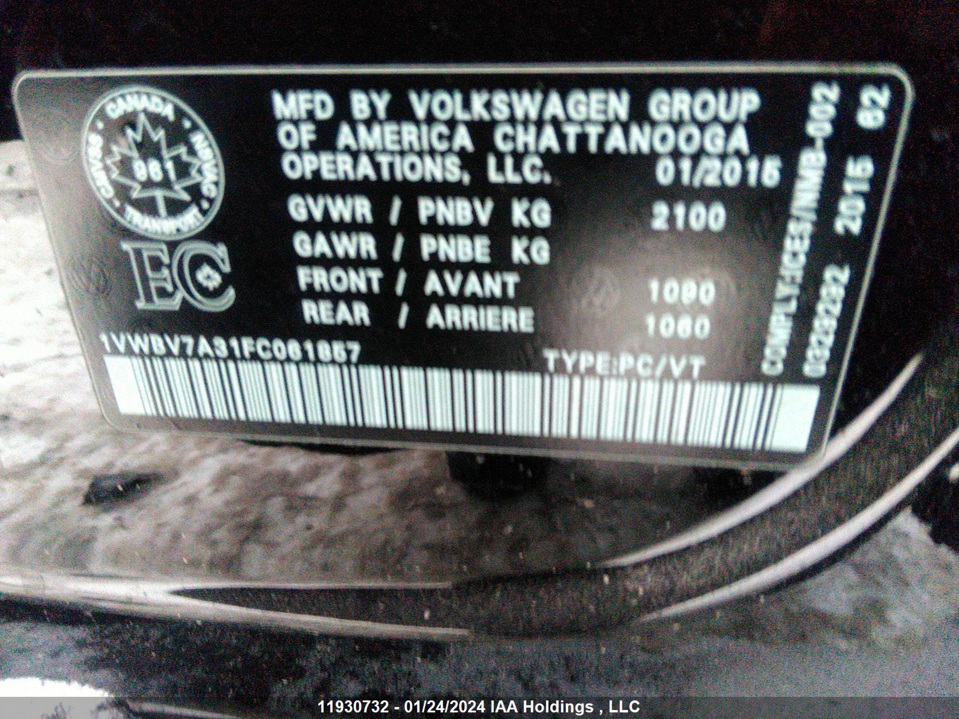 Photo 8 VIN: 1VWBV7A31FC061857 - VOLKSWAGEN PASSAT 