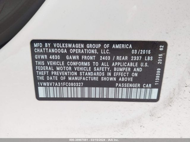 Photo 8 VIN: 1VWBV7A31FC080327 - VOLKSWAGEN PASSAT 