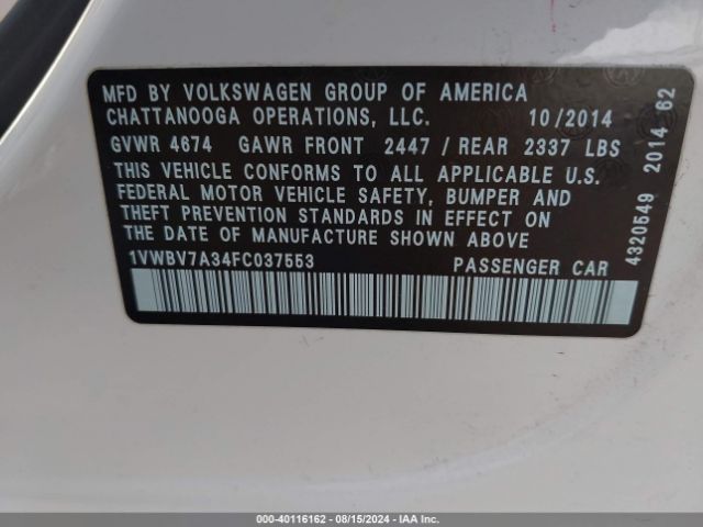 Photo 8 VIN: 1VWBV7A34FC037553 - VOLKSWAGEN PASSAT 