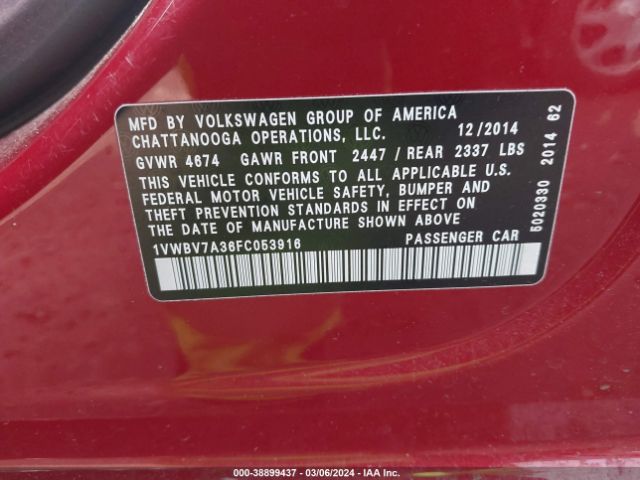 Photo 8 VIN: 1VWBV7A36FC053916 - VOLKSWAGEN PASSAT 