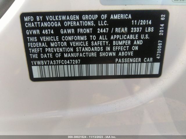 Photo 8 VIN: 1VWBV7A37FC047297 - VOLKSWAGEN PASSAT 