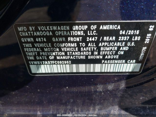 Photo 8 VIN: 1VWBV7A37FC092952 - VOLKSWAGEN PASSAT 