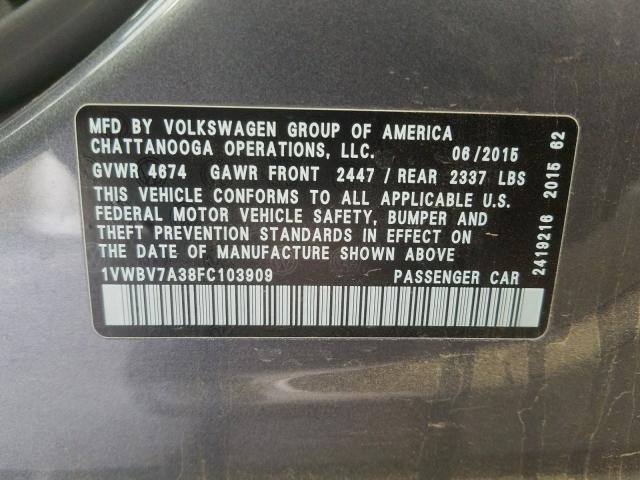 Photo 9 VIN: 1VWBV7A38FC103909 - VOLKSWAGEN PASSAT SE 