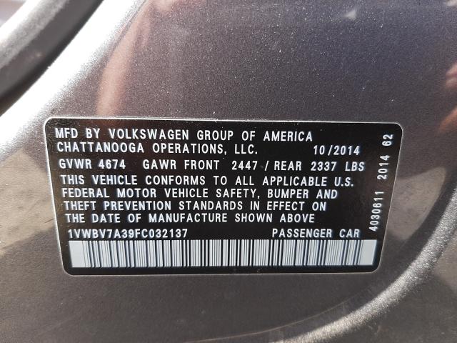 Photo 9 VIN: 1VWBV7A39FC032137 - VOLKSWAGEN PASSAT 