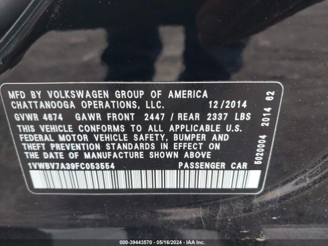 Photo 8 VIN: 1VWBV7A39FC053554 - VOLKSWAGEN PASSAT 