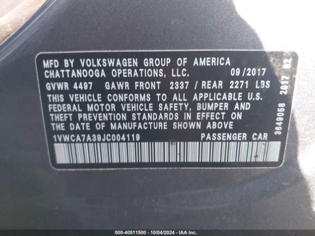 Photo 8 VIN: 1VWCA7A39JC004119 - VOLKSWAGEN PASSAT 