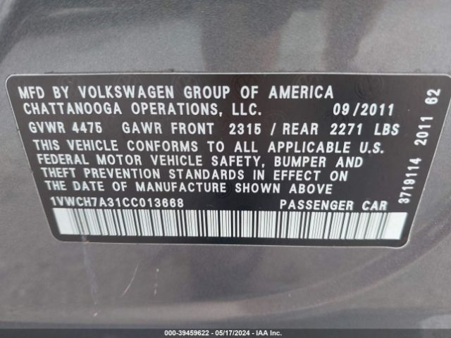 Photo 8 VIN: 1VWCH7A31CC013668 - VOLKSWAGEN PASSAT 