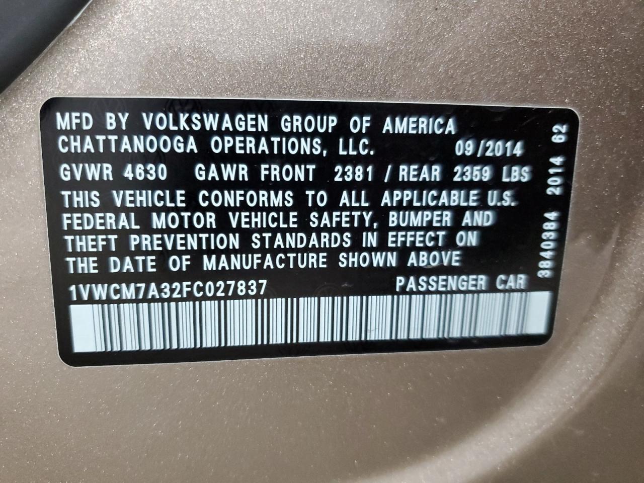 Photo 11 VIN: 1VWCM7A32FC027837 - VOLKSWAGEN PASSAT 