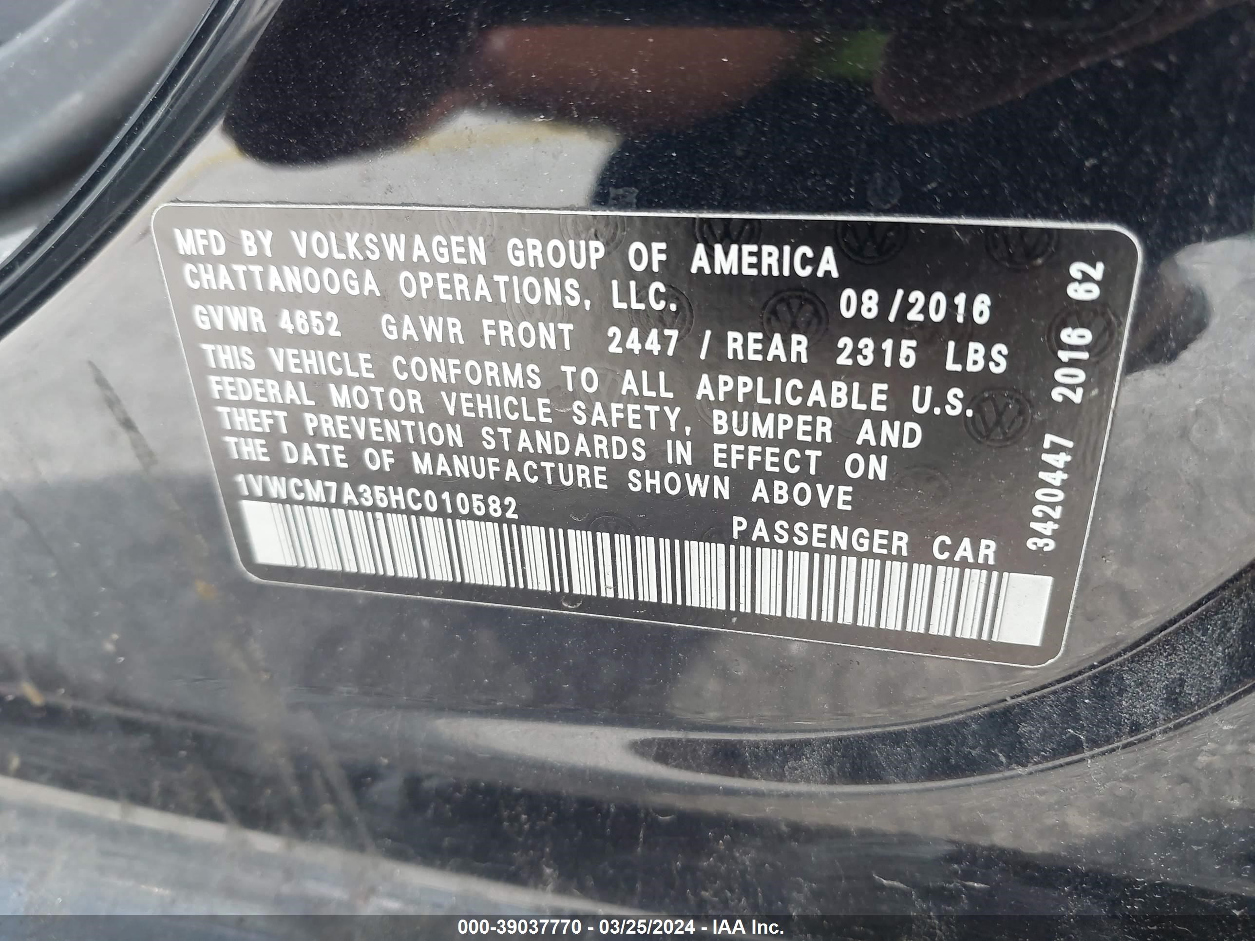 Photo 8 VIN: 1VWCM7A35HC010582 - VOLKSWAGEN PASSAT 