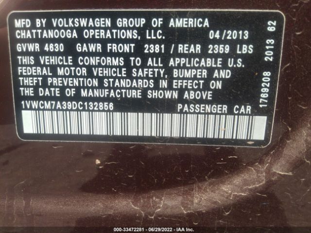 Photo 8 VIN: 1VWCM7A39DC132856 - VOLKSWAGEN PASSAT 