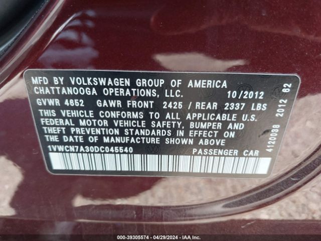 Photo 8 VIN: 1VWCN7A30DC045540 - VOLKSWAGEN PASSAT 