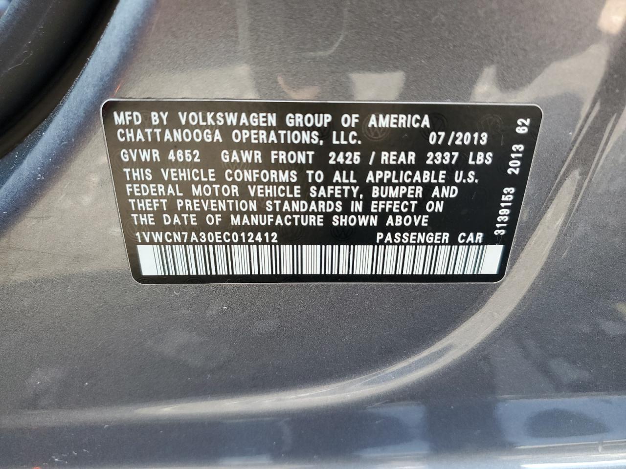 Photo 11 VIN: 1VWCN7A30EC012412 - VOLKSWAGEN PASSAT SEL 