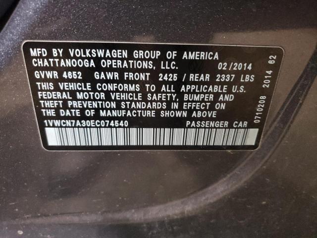 Photo 11 VIN: 1VWCN7A30EC074540 - VOLKSWAGEN PASSAT SEL 