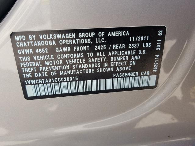 Photo 9 VIN: 1VWCN7A31CC026915 - VOLKSWAGEN PASSAT 