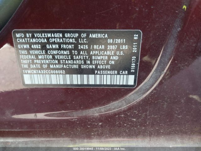 Photo 8 VIN: 1VWCN7A32CC008052 - VOLKSWAGEN PASSAT 