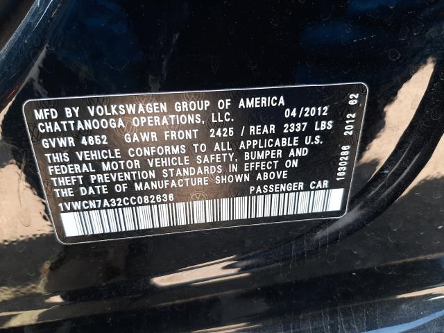 Photo 9 VIN: 1VWCN7A32CC082636 - VOLKSWAGEN PASSAT SEL 