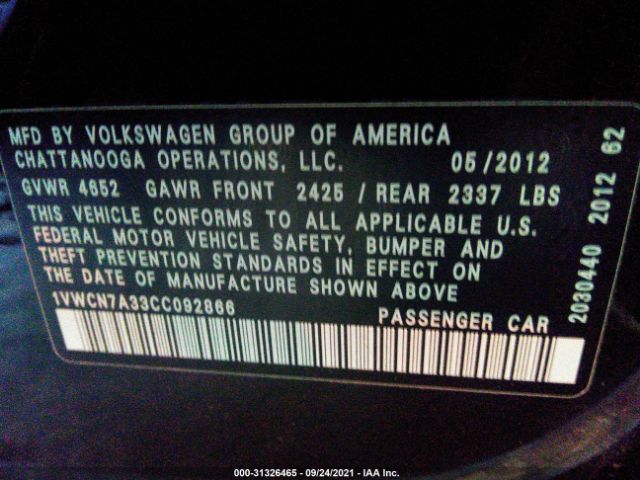 Photo 8 VIN: 1VWCN7A33CC092866 - VOLKSWAGEN PASSAT 