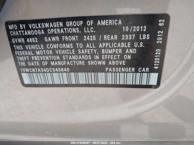 Photo 8 VIN: 1VWCN7A34DC045640 - VOLKSWAGEN PASSAT 