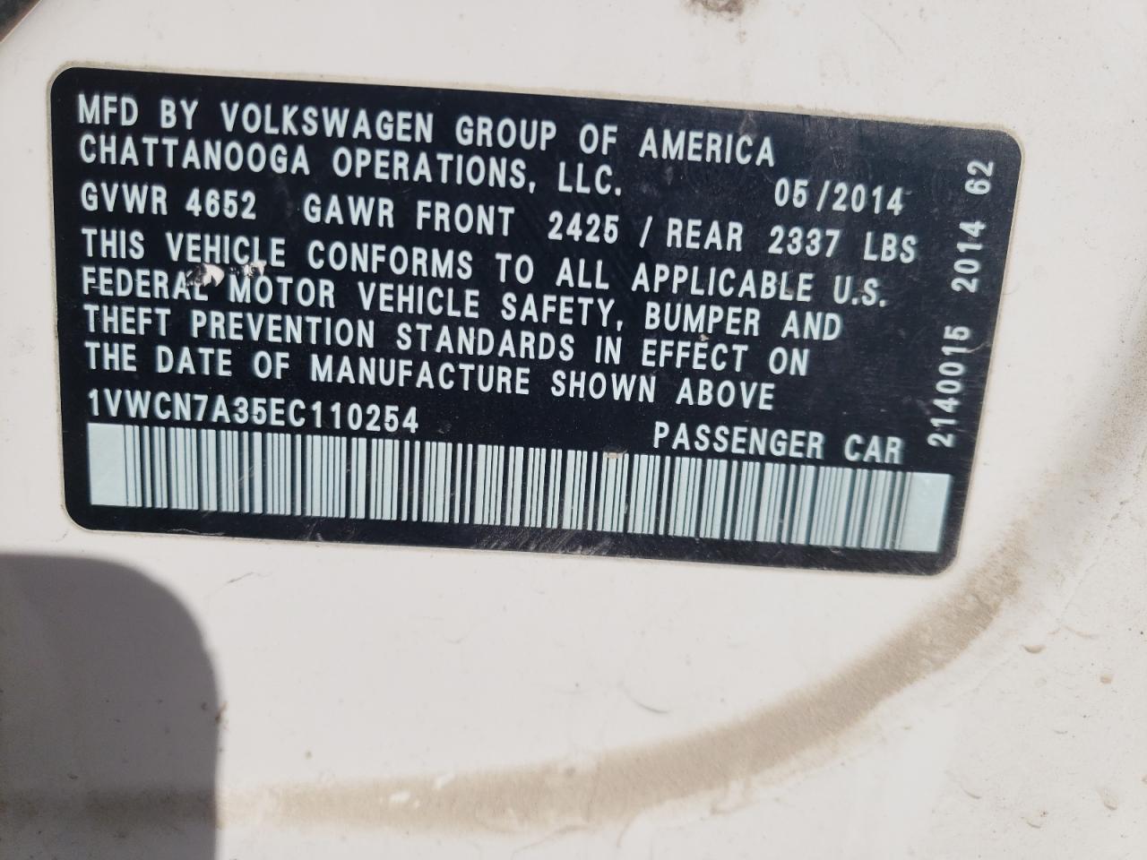 Photo 12 VIN: 1VWCN7A35EC110254 - VOLKSWAGEN PASSAT 