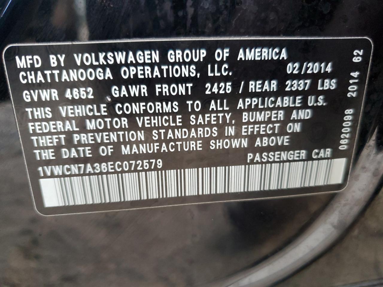 Photo 12 VIN: 1VWCN7A36EC072579 - VOLKSWAGEN PASSAT 