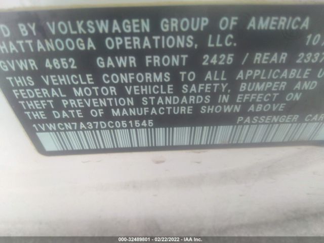 Photo 8 VIN: 1VWCN7A37DC051545 - VOLKSWAGEN PASSAT 