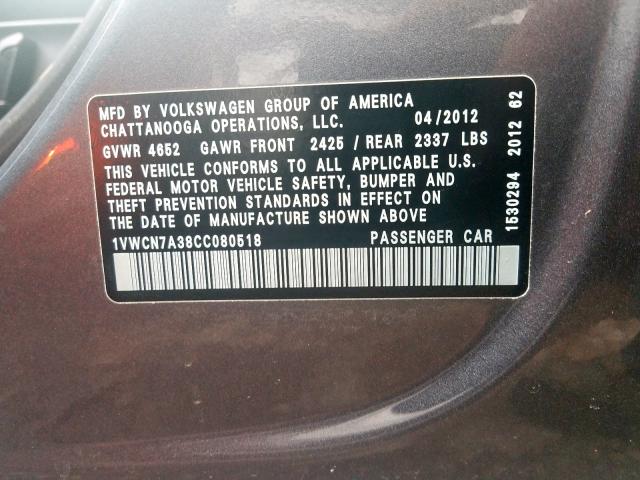 Photo 9 VIN: 1VWCN7A38CC080518 - VOLKSWAGEN PASSAT 